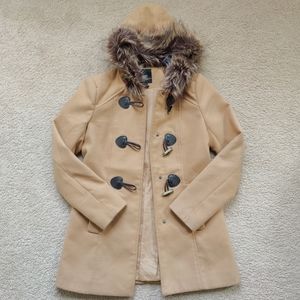 Tan Pea Coat with Faux Fur